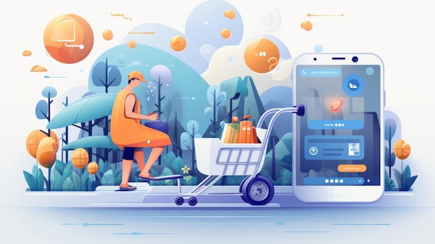 A person pushes a shopping cart and chooses products lustration