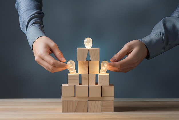 person pushing wooden blocks with hands holding an idea bulb in the style of cubist portraits