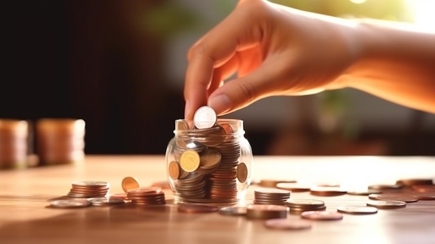 A person putting a coin into a jar of coins.