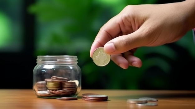 Человек кладет монету в банку с монетами.