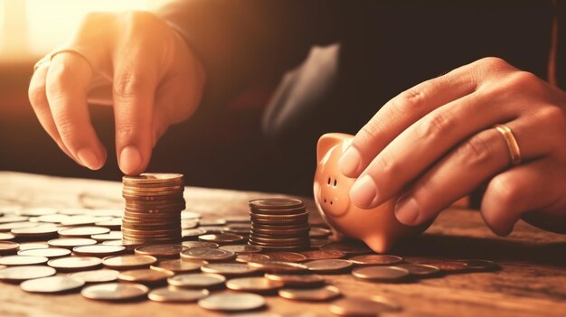 A person putting coins into a stack of coins