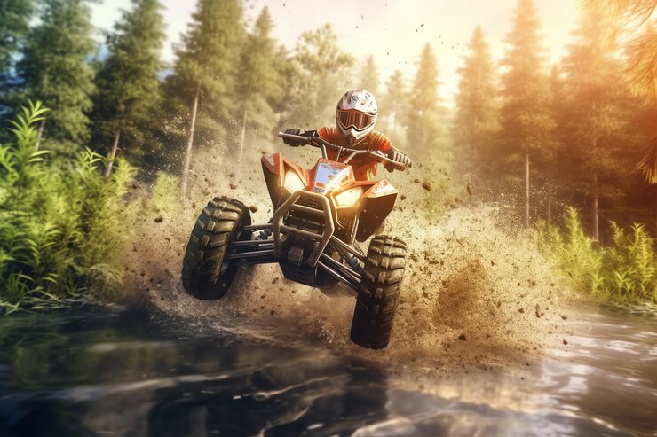 Человек на квадроцикле прыгает в воду со словом atv на дне.