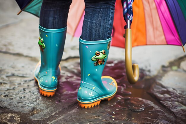 Photo person in rain boots with a frog emblem holding an umbrella