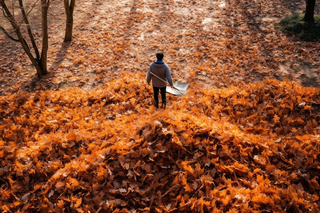 Photo person raking leaves in autumn generative ai