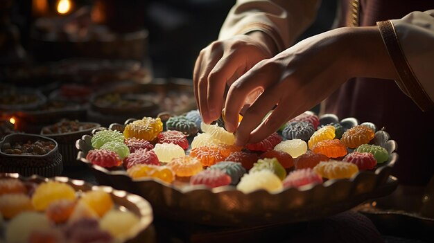 写真 甘いお菓子に耽溺し、ボウルに入ったキャンディーに手を伸ばす人 ラマンダン