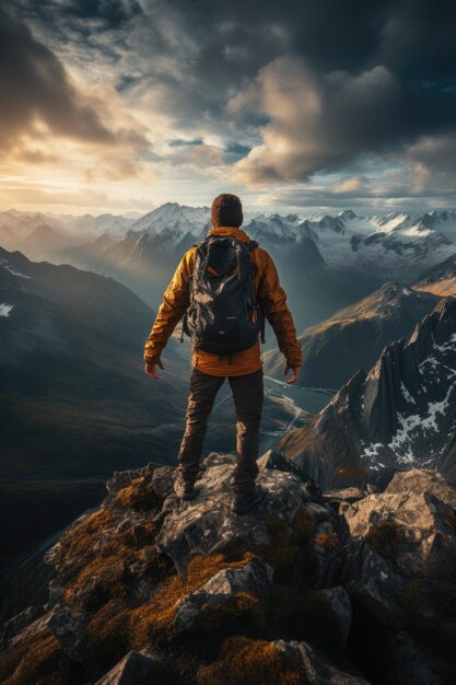 Photo a person reaching the summit of a mountain arms raised in triumph generative ai