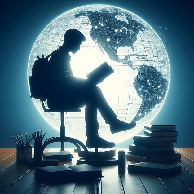 a person reading a book in front of a globe and the world globe behind him