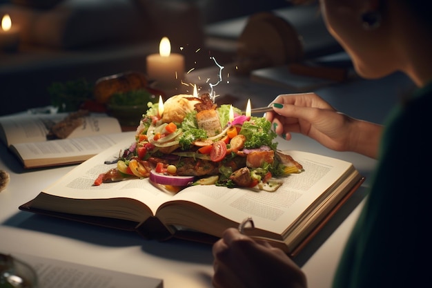 Photo person reading a book on mindful eating generative ai