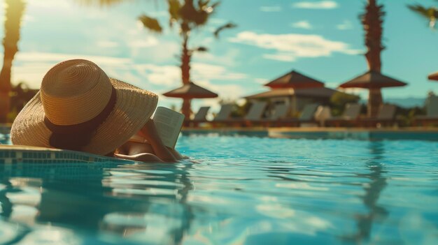 a person reading a book in the water by a swimming pool