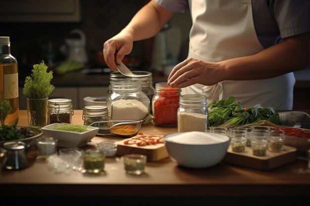 Photo a person rearranging ingredients on a kitchen generative ai