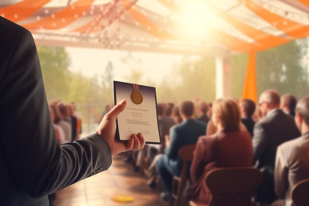 Photo a person receiving a certificate of appreciation generative ai