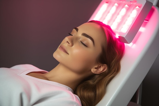 Person receiving LED light therapy to reduce acne inflammation
