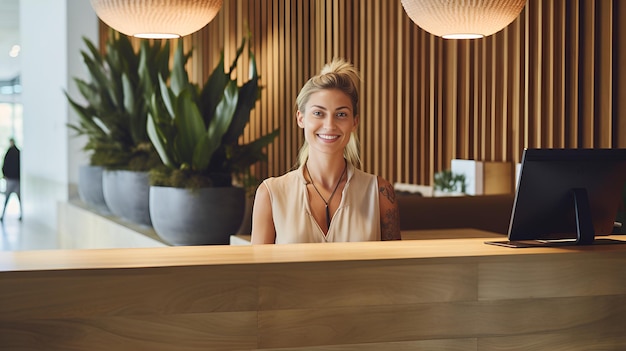A person at a reception desk welcoming visitors person reception desk welcoming visitors