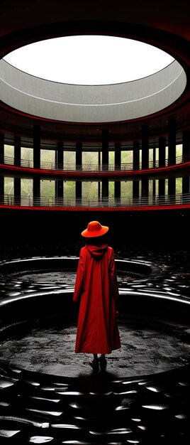 Foto una persona con un mantello rosso in piedi davanti a un grande teatro rosso