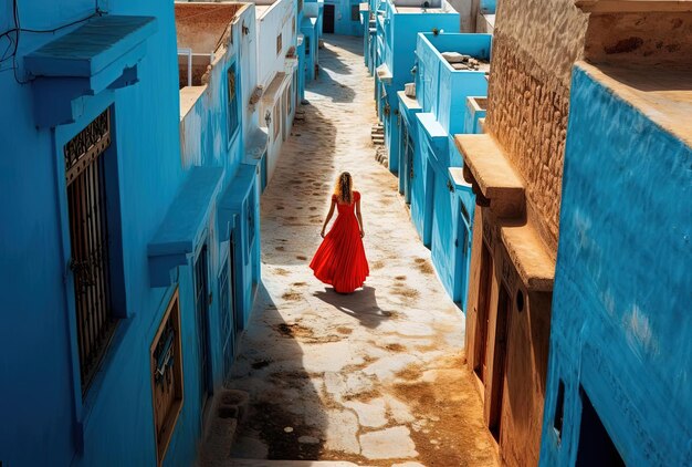 Person in red dress on blue street in chefchanoor graphy in the style of eroded interiors