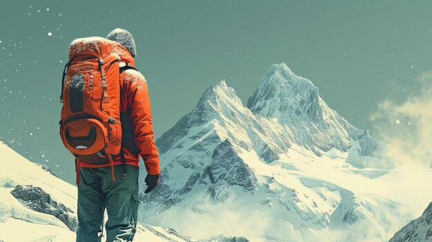 a person in a red jacket and hat standing on a snowy mountain