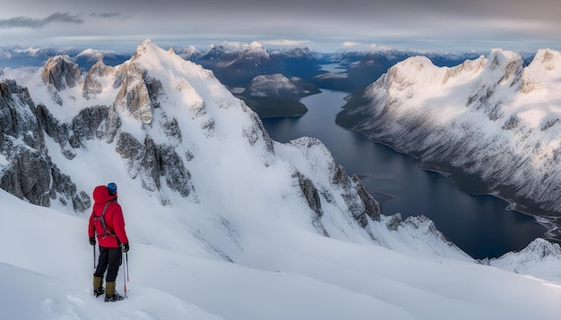 a person in a red jacket stands on a snowy mountain top