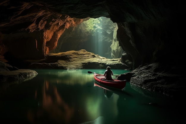 A person in a red kayak is in a cave with the light shining through the cave.