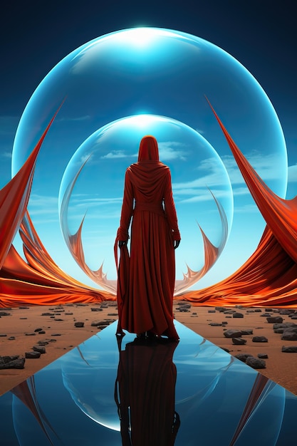 человек в красном халате стоит в пустыне с большими шарами