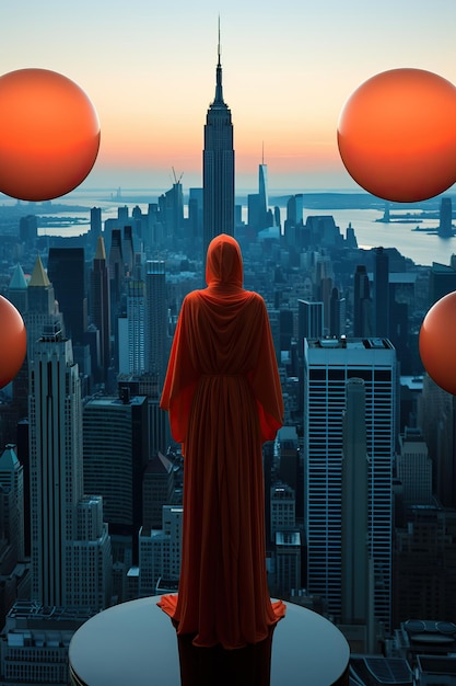 Photo a person in a red robe standing in front of a city