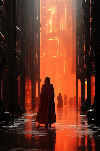 a person in a red robe walking down a street