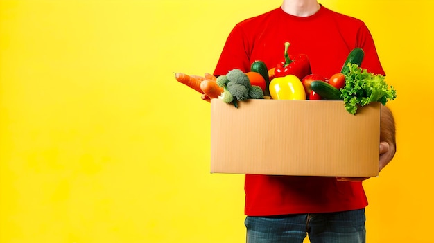 赤いTシャツを着た人新鮮な野菜でいっぱいの箱を抱えている シンプルなカラフルな背景 健康的なライフスタイル 概念的な写真AI