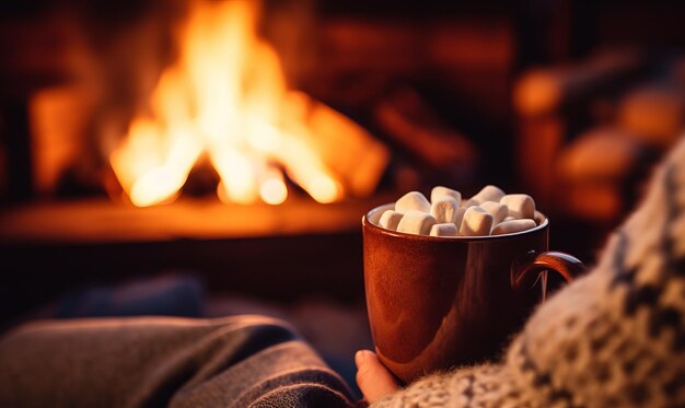 Foto una persona che si rilassa davanti a un accogliente caminetto con una tazza di cioccolata calda calda in una sera d'inverno