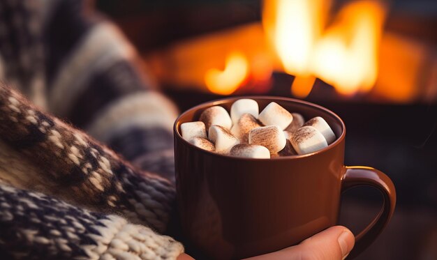 Foto una persona che si rilassa accanto a un accogliente camino con una tazza di cioccolato caldo caldo in una serata invernale