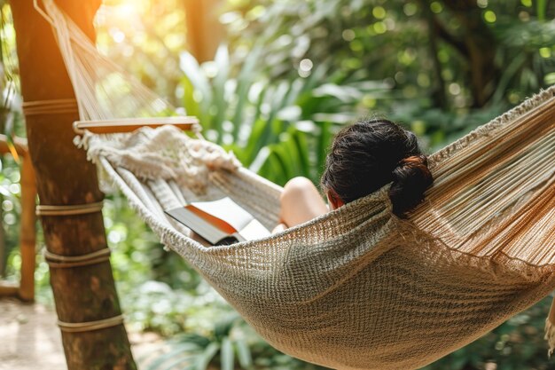 A person relaxing in a hammock engrossed in a book with the gentle sway providing a sense of tranqui