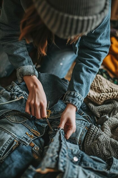 A person repairing or upcycling old clothing items