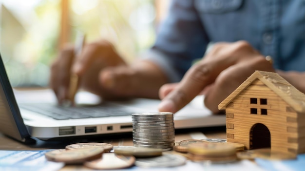 Photo a person researching mortgage lenders and banks on a computer