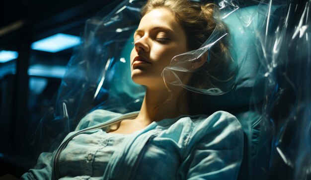 Человек, отдыхающий в постели Женщина, лежащая в постели, покрытой пластиком