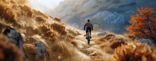 人が道で自転車に乗るヘルメットをかぶったサイクリストが丘陵地帯で乗る