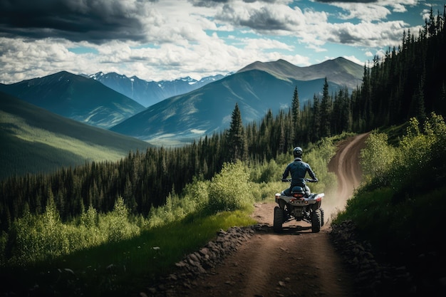 Foto persona che guida atv lungo il sentiero tortuoso con vista sulle montagne sullo sfondo