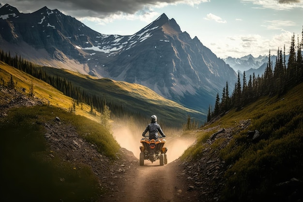 Фото Человек, едущий на квадроцикле по извилистой тропе с видом на горы на заднем плане