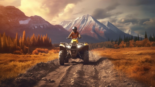 A person riding atv through the forest with view of majestic mountain range in the background