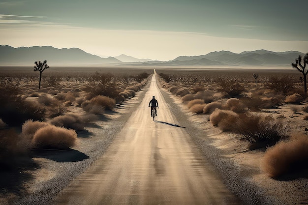 Photo person riding bicycle along an empty highway generative ai