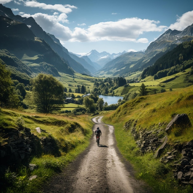 Photo a person riding a bicycle on an asphalt road with