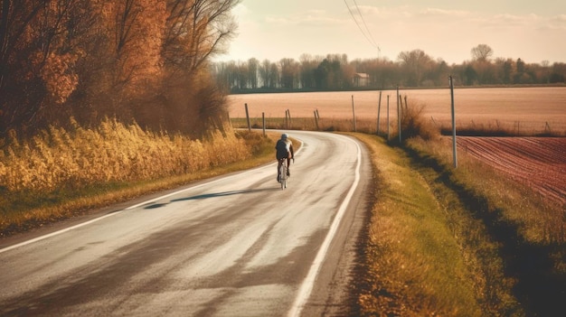 A Person Riding a Bicycle on a Rural Road with Fields and Trees in the Background generated by AI