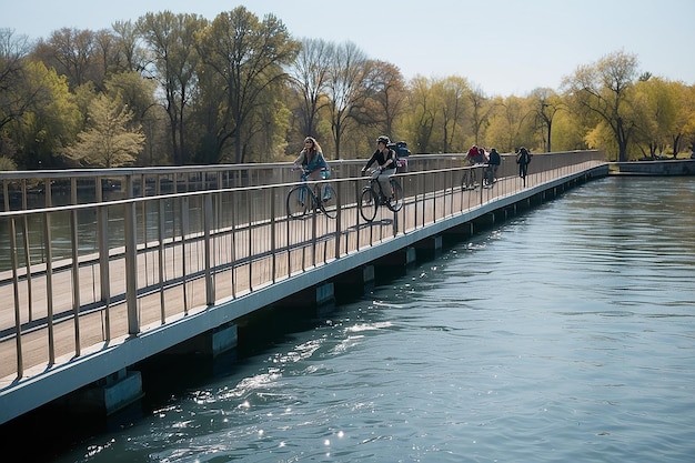 A person riding a bike on a bridge over water