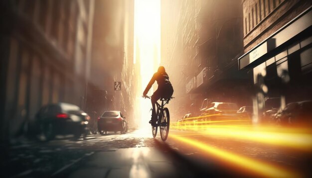 A person riding a bike in a city street with the word bike on the side.