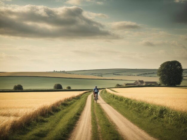 a person riding a bike down a dirt road in a field of grass