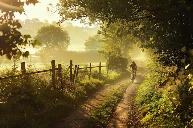 A person riding a bike down a dirt road