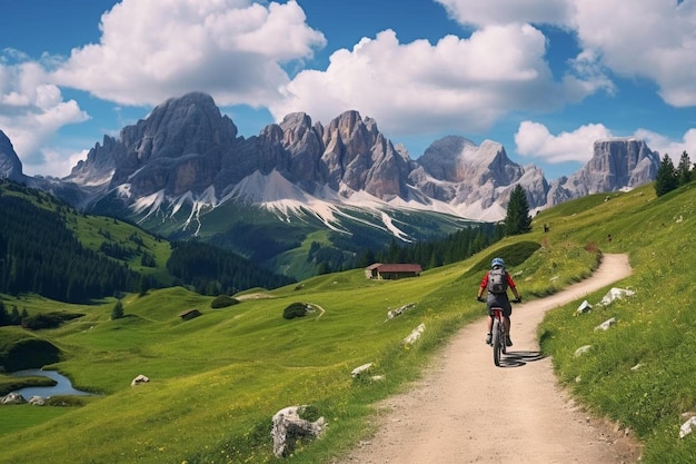 a person riding a bike down a dirt road