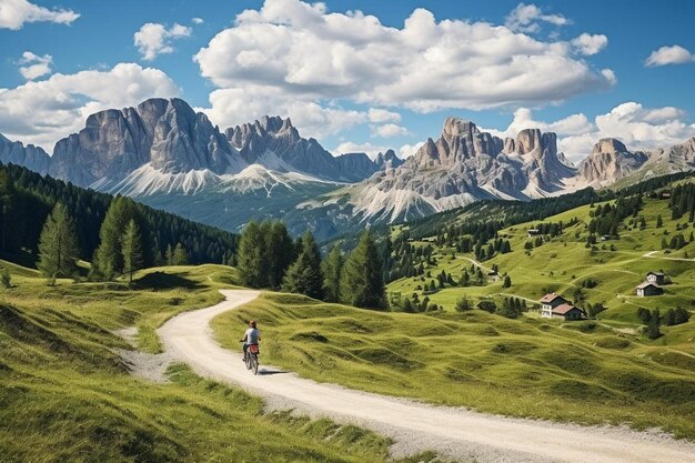 a person riding a bike down a dirt road