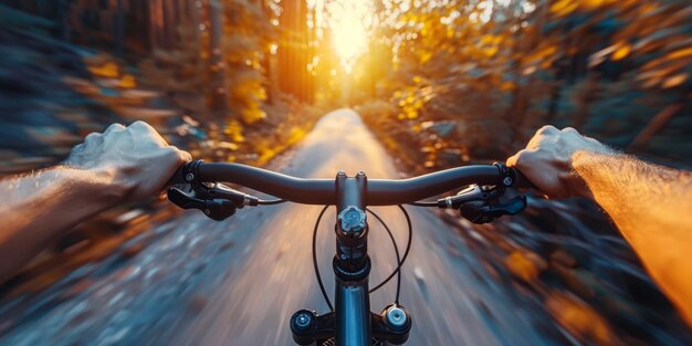 Foto persona in bicicletta lungo la strada della foresta