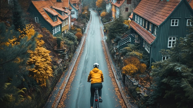 Foto una persona che guida una bicicletta lungo una strada una vista a volo d'uccello di una piccola città circondata da alberi