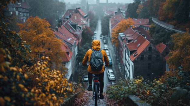 Foto una persona che guida una bicicletta giù per una collina ripida