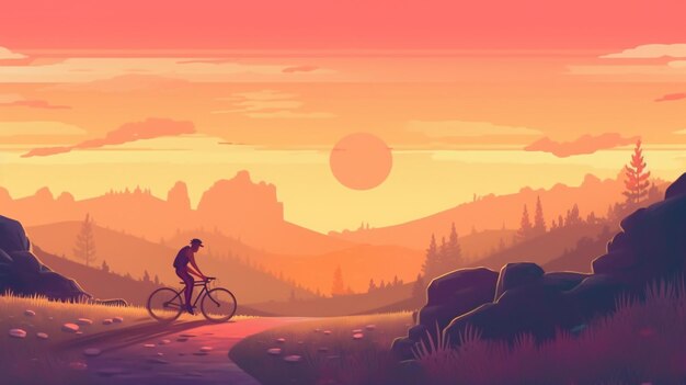 Photo a person riding a bike in front of a sunset.