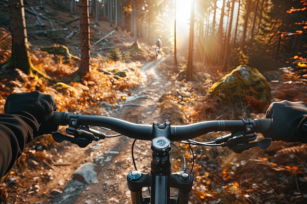 森のトレイルで自転車に乗っている人